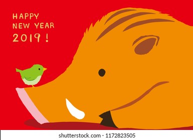 Wild boar and bush warbler with plum blossom for New Year's Day. 2019 new year's card