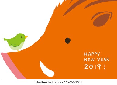 Wild boar and bush warbler with plum blossom for New Year's Day. 2019 new year's card