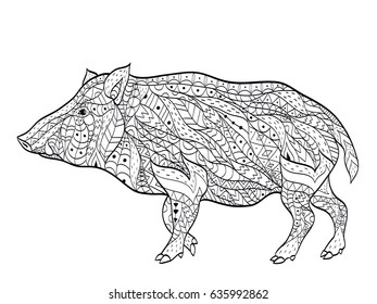 wild boar coloring book vector illustration. Anti-stress coloring for adult animal. Zentangle style. Black and white lines. Lace pattern