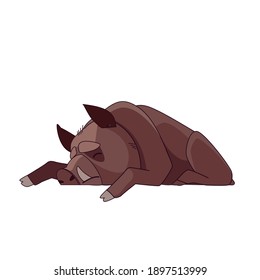 Wild boar dead or sleeping. Cartoon character of an adult mammal animal. A wild forest creature with brown fur. Side view. Vector flat illustration isolated on a white background.