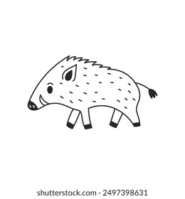 Wild Boar Doodle Illustration. Cute hand drawn forest animal in sketch style. Line art mammal with hatching. Isolated vector