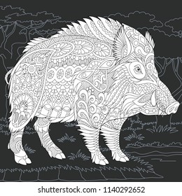 Wild Boar drawn in line art style. 2019 Chinese New Year symbol. Coloring book. Coloring page. Zentangle vector illustration.