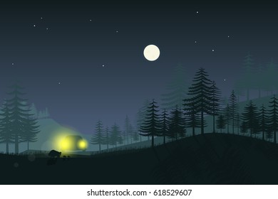 Wild boar family in the light of car headlights.Vector illustration