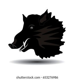 Wild boar head close-up of black sketch isolated on white background, art creative modern vector illustration. Hunter's Banner