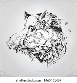 Wild boar head in floral ornament