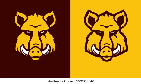 Wild boar head isolated on yellow and brown background. Mascot template. 