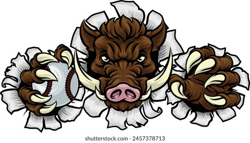 A wild boar, hog razorback warthog pig mean tough cartoon sports mascot holding a baseball ball