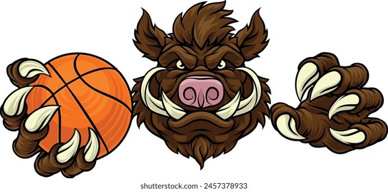 A wild boar, hog razorback warthog pig mean tough cartoon sports mascot holding a basketball ball