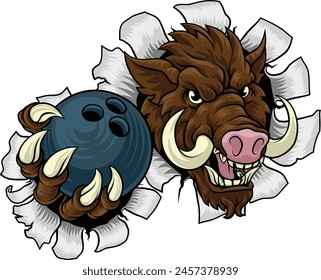 A wild boar, hog razorback warthog pig mean tough cartoon sports mascot holding a bowling ball