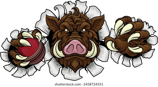 A wild boar, hog razorback warthog pig mean tough cartoon sports mascot holding a cricket ball