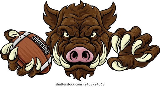 A wild boar, hog razorback warthog pig mean tough cartoon sports mascot holding an American football ball