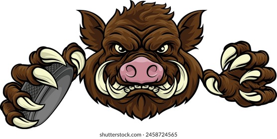 A wild boar, hog razorback warthog pig hockey sports cartoon mascot 