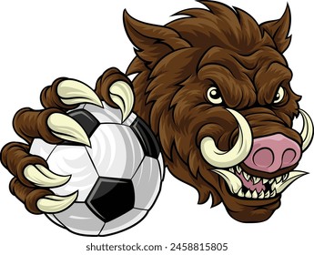 A wild boar, hog razorback warthog pig mean tough cartoon sports mascot holding a soccer football ball