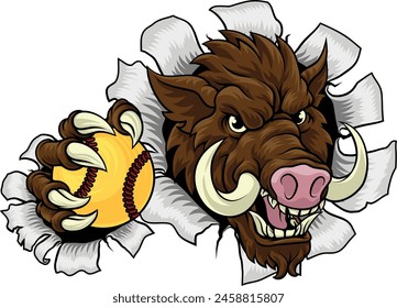 A wild boar, hog razorback warthog pig mean tough cartoon sports mascot holding a softball ball 