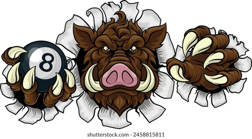 A wild boar, hog razorback warthog pig mean tough cartoon sports mascot holding a pool black eight ball
