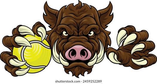 A wild boar, hog razorback warthog pig mean tough cartoon sports mascot holding a tennis ball 