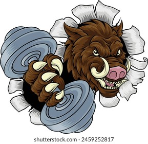 A wild boar, hog razorback warthog pig weight lifting trainer, exercise or body building gym cartoon sports mascot holding weights dumbbell