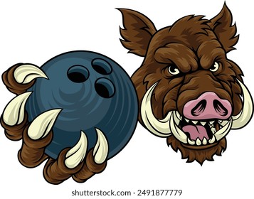 A wild boar, hog razorback warthog pig mean tough cartoon sports mascot holding a bowling ball