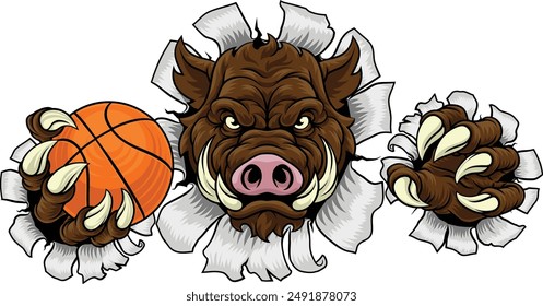 A wild boar, hog razorback warthog pig mean tough cartoon sports mascot holding a basketball ball