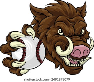 A wild boar, hog razorback warthog pig mean tough cartoon sports mascot holding a baseball ball