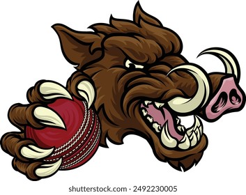 A wild boar, hog razorback warthog pig mean tough cartoon sports mascot holding a cricket ball