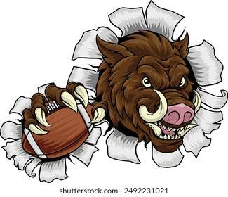 A wild boar, hog razorback warthog pig mean tough cartoon sports mascot holding an American football ball