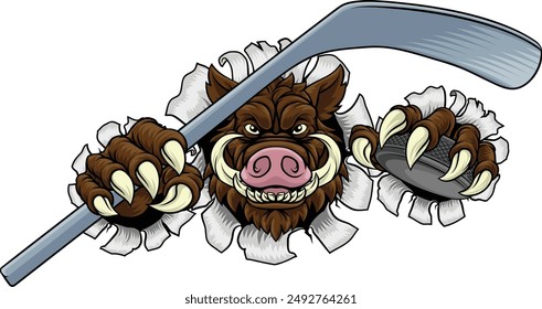 A wild boar, hog razorback warthog pig hockey sports cartoon mascot 