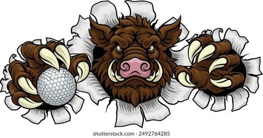 A wild boar, hog razorback warthog pig mean tough cartoon sports mascot holding a golf ball