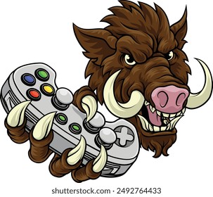 A wild boar, hog razorback warthog pig gamer sports video game gaming mascot holding a games controller