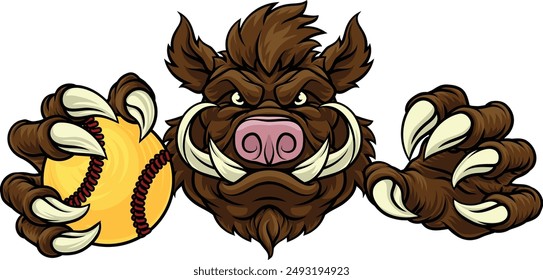 A wild boar, hog razorback warthog pig mean tough cartoon sports mascot holding a softball ball 