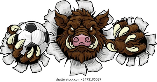 A wild boar, hog razorback warthog pig mean tough cartoon sports mascot holding a soccer football ball