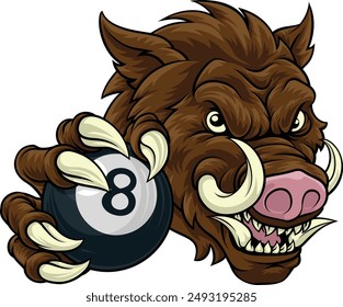 A wild boar, hog razorback warthog pig mean tough cartoon sports mascot holding a pool black eight ball