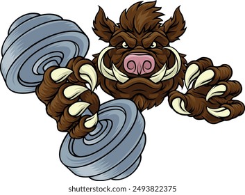 A wild boar, hog razorback warthog pig weight lifting trainer, exercise or body building gym cartoon sports mascot holding weights dumbbell