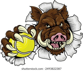 A wild boar, hog razorback warthog pig mean tough cartoon sports mascot holding a tennis ball 