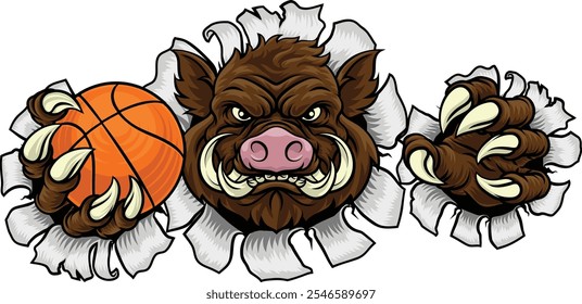 Ein Wildschwein, Hog Rasierer Warzenschwein bedeuten harte Cartoon Sport Maskottchen halten einen Basketball