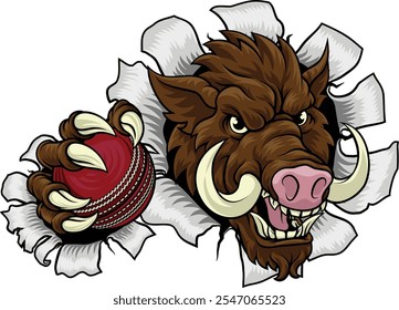 Ein Wildschwein, Hund Rasierer Warzenschwein bedeuten harte Cartoon Sport Maskottchen halten einen Cricket-Ball