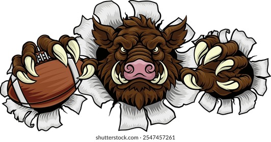 Ein Wildschwein, Hog Rasierer Warzenschwein bedeuten harte Cartoon Sport Maskottchen halten einen American Football