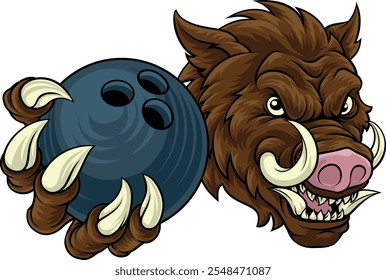 Ein Wildschwein, Hund Rasierer Warzenschwein bedeuten harte Cartoon Sport Maskottchen halten einen Bowling Ball