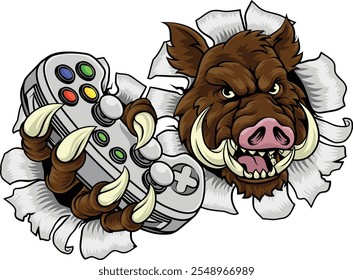 Um javali selvagem, porco razorback warthog porco gamer esportes mascote de jogos de videogame segurando um controlador de jogos