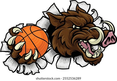 Um javali selvagem, porco javali javali javali braçal malvado mascote de esportes de desenhos animados duros segurando uma bola de basquete