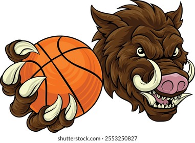 Um javali selvagem, porco javali javali javali braçal malvado mascote de esportes de desenhos animados duros segurando uma bola de basquete