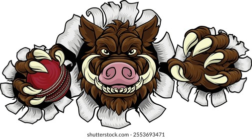 A wild boar, hog razorback warthog pig mean tough cartoon sports mascot holding a cricket ball