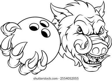 A wild boar, hog razorback warthog pig mean tough cartoon sports mascot holding a bowling ball