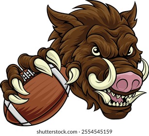 A wild boar, hog razorback warthog pig mean tough cartoon sports mascot holding an American football ball