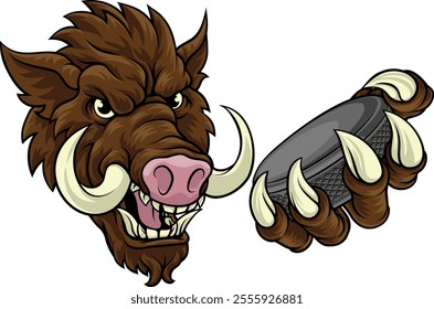 A wild boar, hog razorback warthog pig hockey sports cartoon mascot 