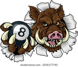 A wild boar, hog razorback warthog pig mean tough cartoon sports mascot holding a pool black eight ball