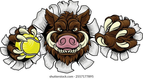 A wild boar, hog razorback warthog pig mean tough cartoon sports mascot holding a tennis ball 