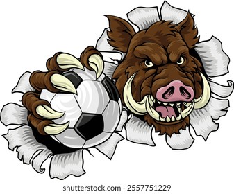 A wild boar, hog razorback warthog pig mean tough cartoon sports mascot holding a soccer football ball