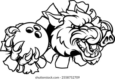 A wild boar, hog razorback warthog pig mean tough cartoon sports mascot holding a bowling ball