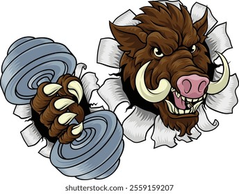 A wild boar, hog razorback warthog pig weight lifting trainer, exercise or body building gym cartoon sports mascot holding weights dumbbell